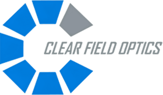 Clear Field Optics logo with blue shapes.